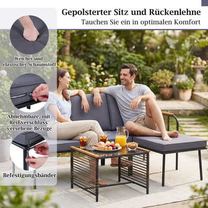Outdoor Rattan Sofa Set with Cushions & Glass Table