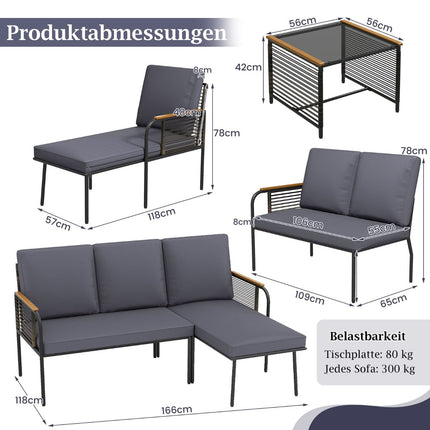 Outdoor Rattan Sofa Set with Cushions & Glass Table