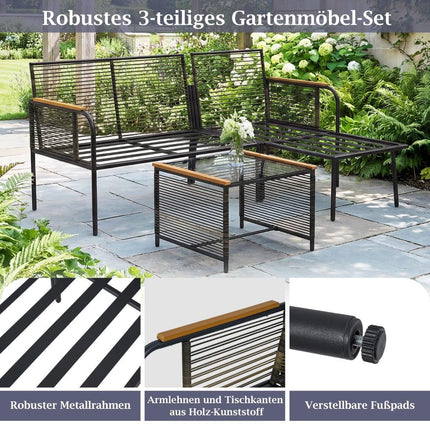 Outdoor Rattan Sofa Set with Cushions & Glass Table
