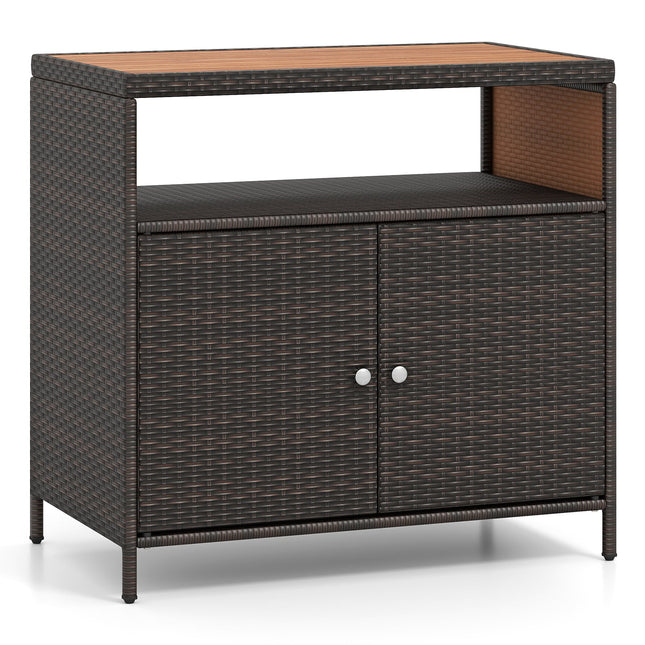 Outdoor Rattan Storage Cabinet with Acacia Wood Top