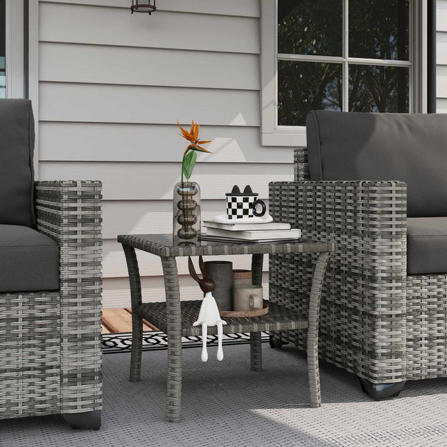 Outdoor Rattan Table, 50x50x45cm, Glass Top, Weatherproof