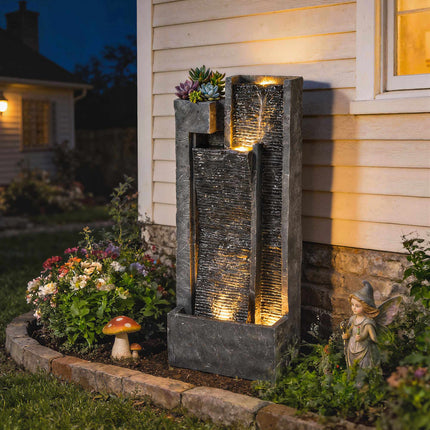 Outdoor Resin Fountain with Planter and LED Lights