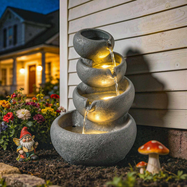 Outdoor Resin Water Fountain with LED Lights, 4-Tier
