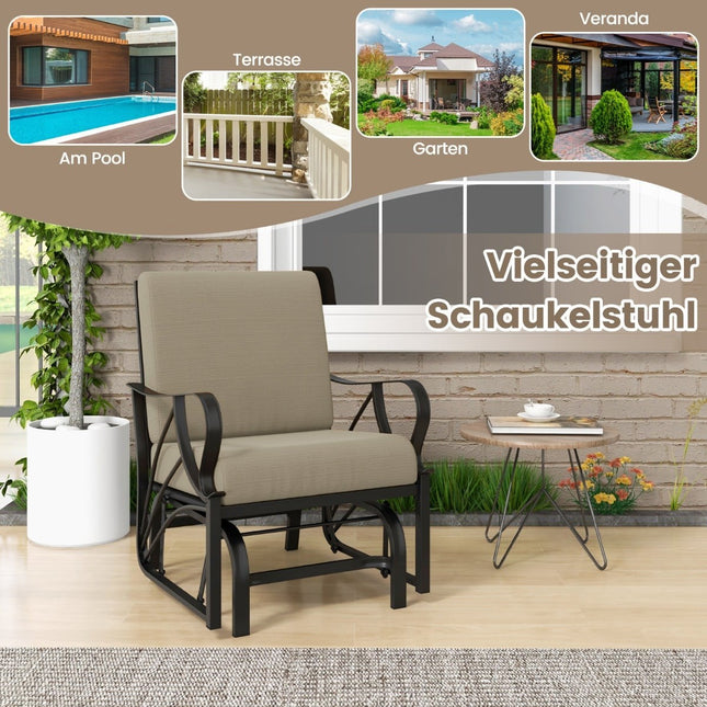Outdoor Rocking Chair with Cushion, Metal Frame, Brown