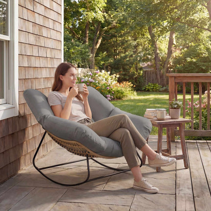 Outdoor Rocking Chair with Cushion, Weather-Resistant Wicker