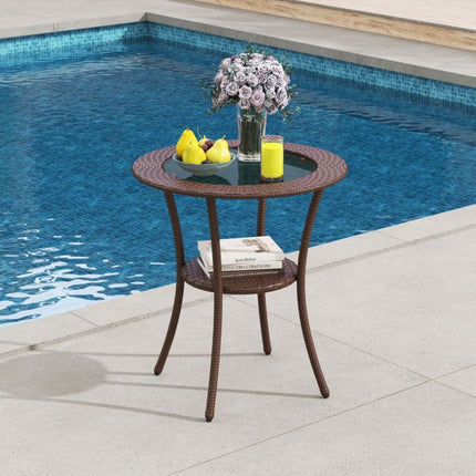 Outdoor Round Bistro Table – Tempered Glass Top, Storage Shelf