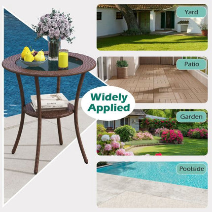Outdoor Round Bistro Table – Tempered Glass Top, Storage Shelf