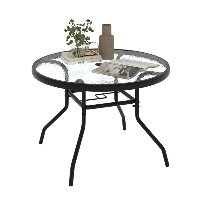 Outdoor Round Glass Table with Umbrella Hole, 70 cm