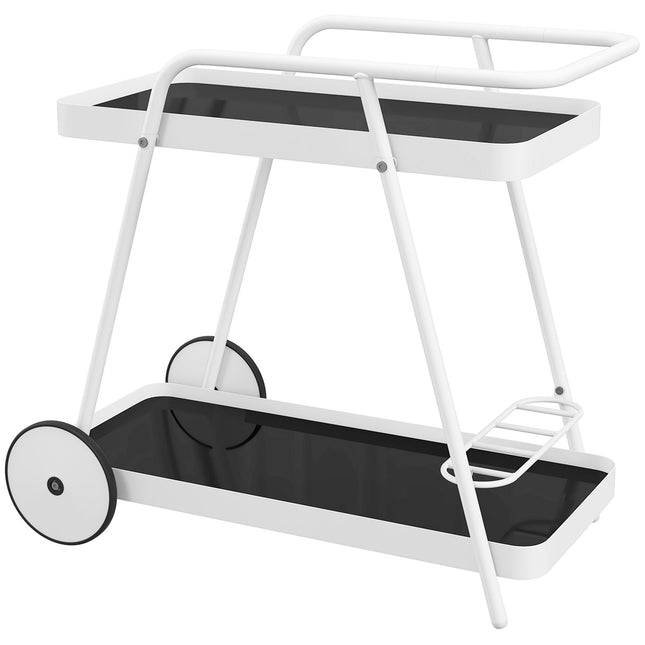 2-story outdoor serving trailer with wine rack, black and white