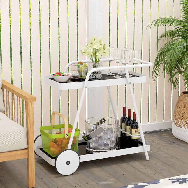 2-story outdoor serving trailer with wine rack, black and white