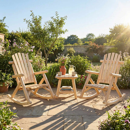 Outdoor Solid Wood Rocking Chair with High Backrest, Slatted Base, Natural