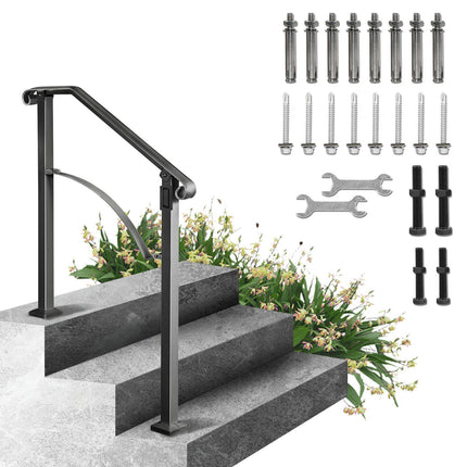 Outdoor Stair Handrail, Wrought Iron, Fits 2-3 Steps, Black
