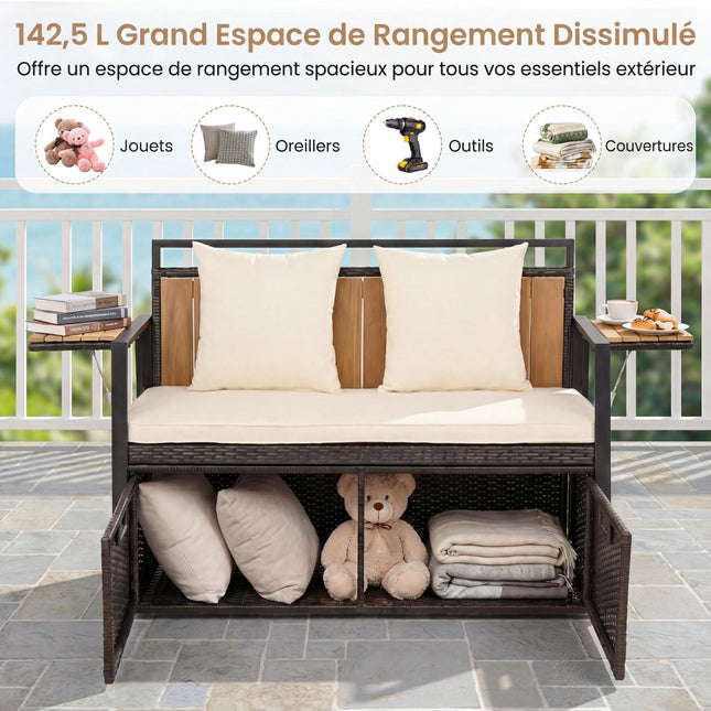 Outdoor Storage Bench, 2-Seater PE Rattan, 142.5L