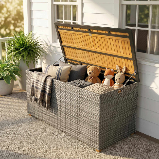 Outdoor Storage Box 450L, Waterproof Rattan, Wood Lid
