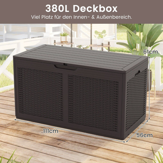 Outdoor Storage Box with Wheels, 380L, Waterproof, Brown