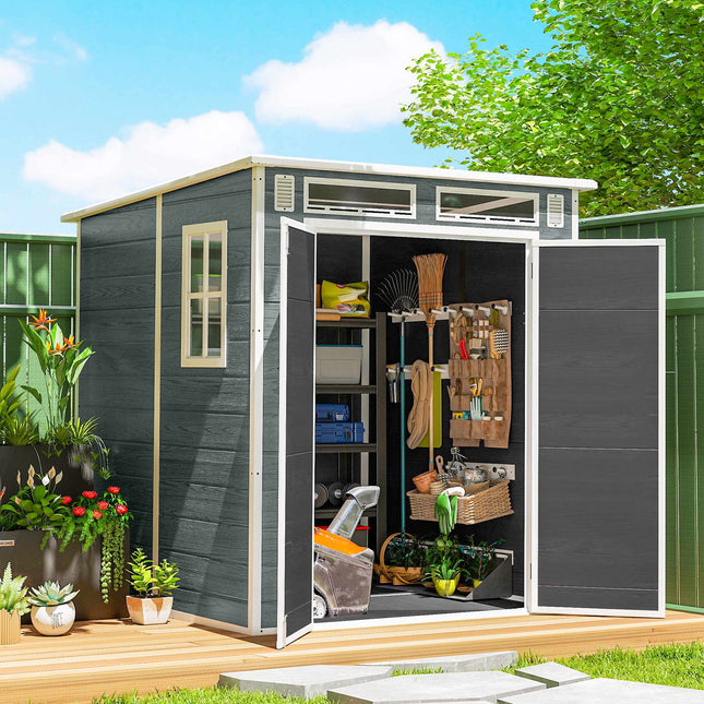 Outdoor Storage Shed, Wood-Look, 3 Windows, Double Doors, 182x182 cm