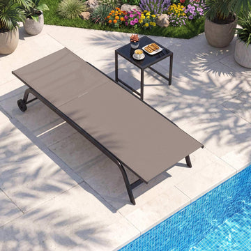 Outdoor Sun Lounger with Wheels & Side Table, Brown