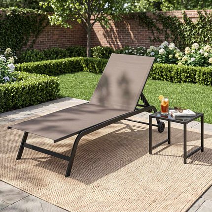 Outdoor Sun Lounger with Wheels & Side Table, Brown