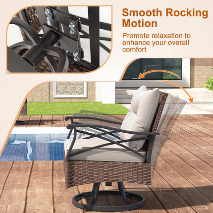 Outdoor Swivel Rocking Chair Set, 3-Piece With Glass Table