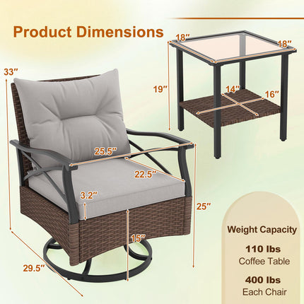 Outdoor Swivel Rocking Chair Set, 3-Piece With Glass Table