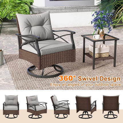 Outdoor Swivel Rocking Chair Set, 3-Piece With Glass Table