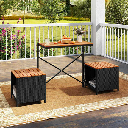 Outdoor Table Set with 2 Chairs, PE Rattan & Acacia Wood
