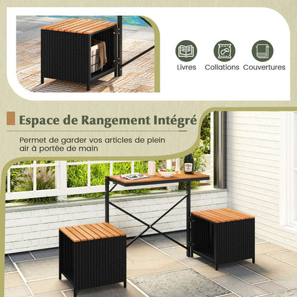 Outdoor Table Set with 2 Chairs, PE Rattan & Acacia Wood