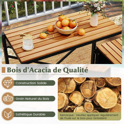 Outdoor Table Set with 2 Chairs, PE Rattan & Acacia Wood