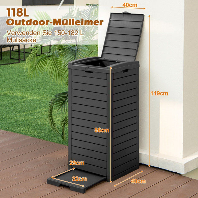 Outdoor Trash Can with Lid, Pull-Out Tray, 118L, Black