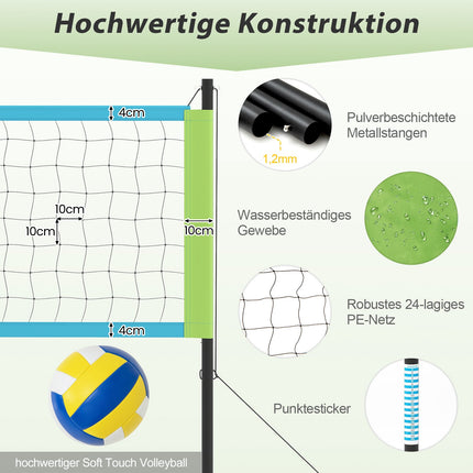 Outdoor Volleyball Net Set, Adjustable Height, Green, 9.5 x 1 m