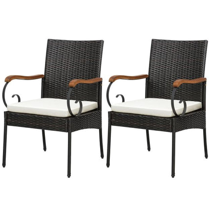 Outdoor Wicker Patio Chairs Set of 2, Acacia Arms, Cushions