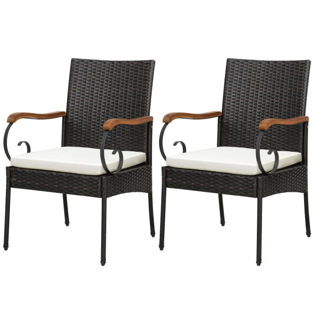Outdoor Wicker Patio Chairs Set of 2, Acacia Arms, Cushions