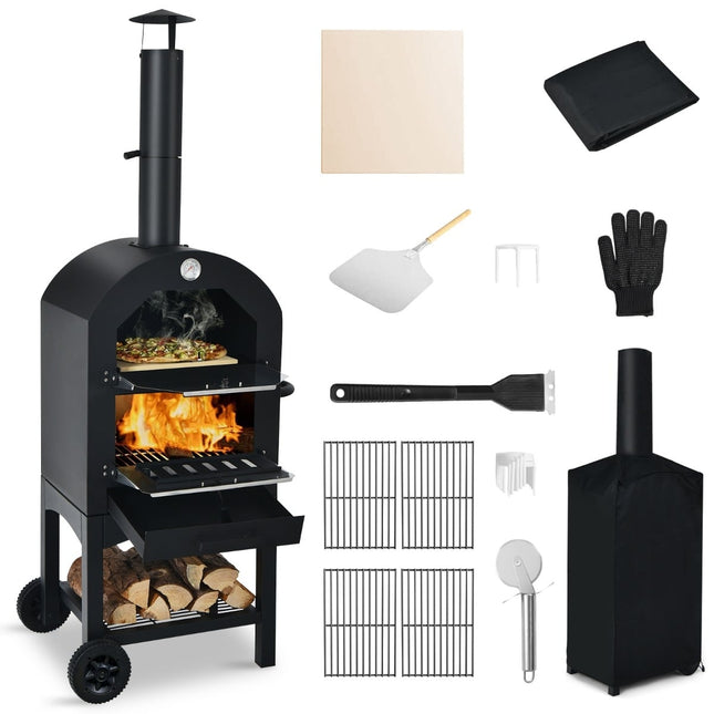 Outdoor Wood-Fired Pizza Oven with Wheels and Thermometer