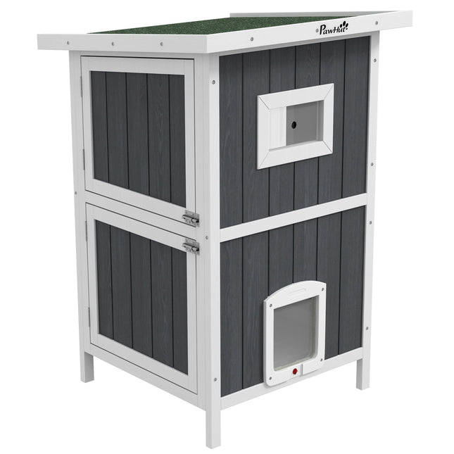Outdoor wooden cat house, 2-storey with balcony and doors