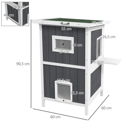 Outdoor wooden cat house, 2-storey with balcony and doors