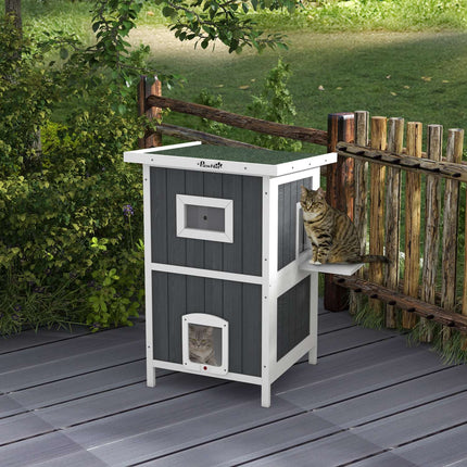Outdoor wooden cat house, 2-storey with balcony and doors