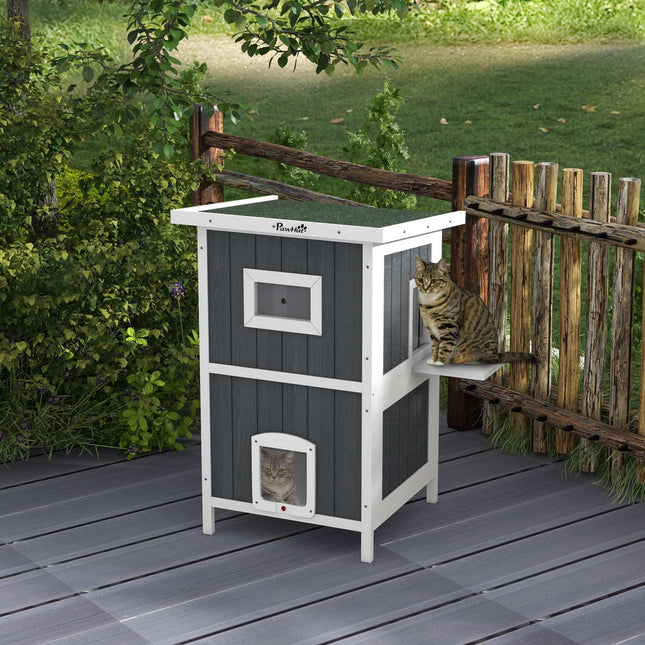 Outdoor wooden cat house, 2-storey with balcony and doors