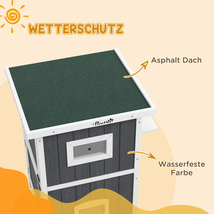 Outdoor wooden cat house, 2-storey with balcony and doors
