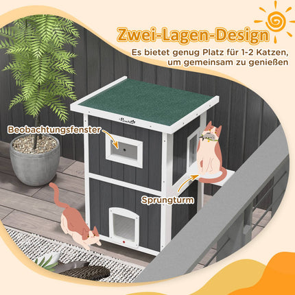 Outdoor wooden cat house, 2-storey with balcony and doors