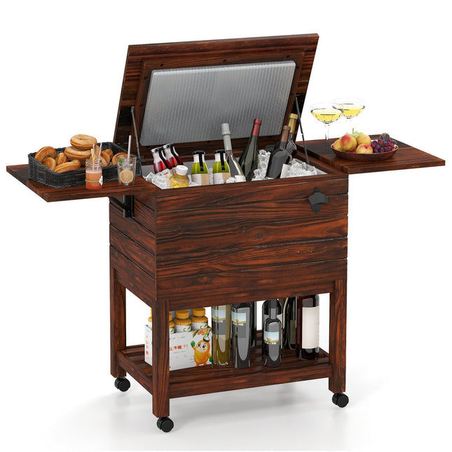 Outdoor Wooden Cooler Cart with Shelves, 51L Capacity