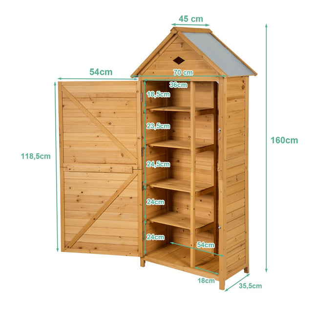 Outdoor Wooden Garden Shed with 5 Shelves, 70x35.5x160 cm