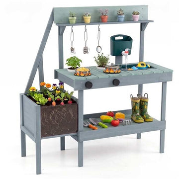 Outdoor Wooden Mud Kitchen with Sink, Planter & Stoves