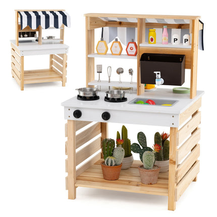 Outdoor Wooden Mud Kitchen with Water Feature, 2-in-1 Playset