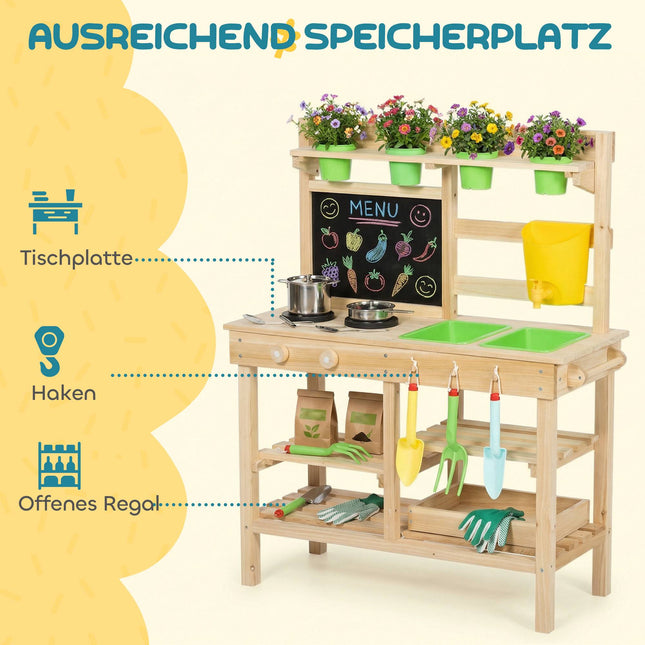 Outdoor Wooden Play Kitchen for Kids with Sink and Pots