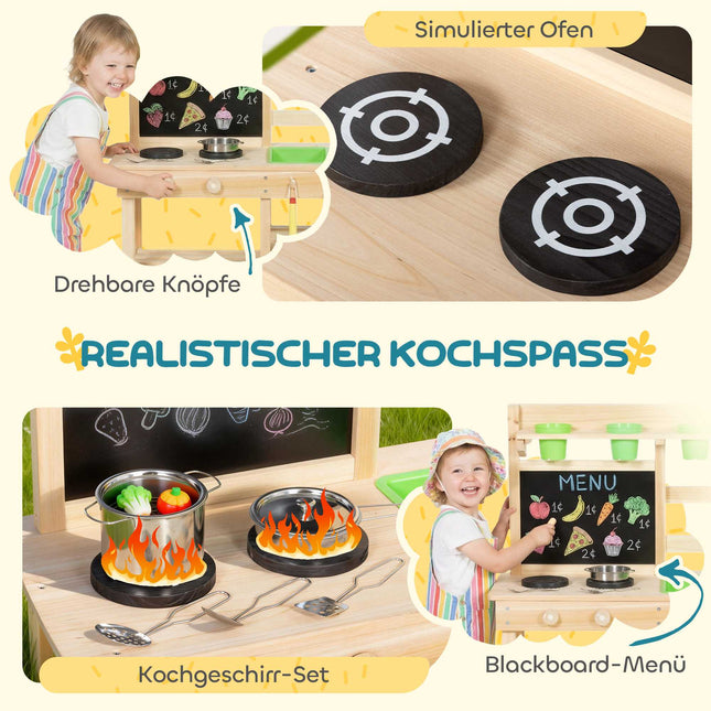 Outdoor Wooden Play Kitchen for Kids with Sink and Pots