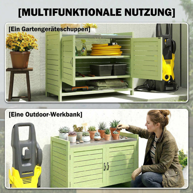Houten plantenbank voor buiten met opbergruimte, groen, 88x40x70,5 cm