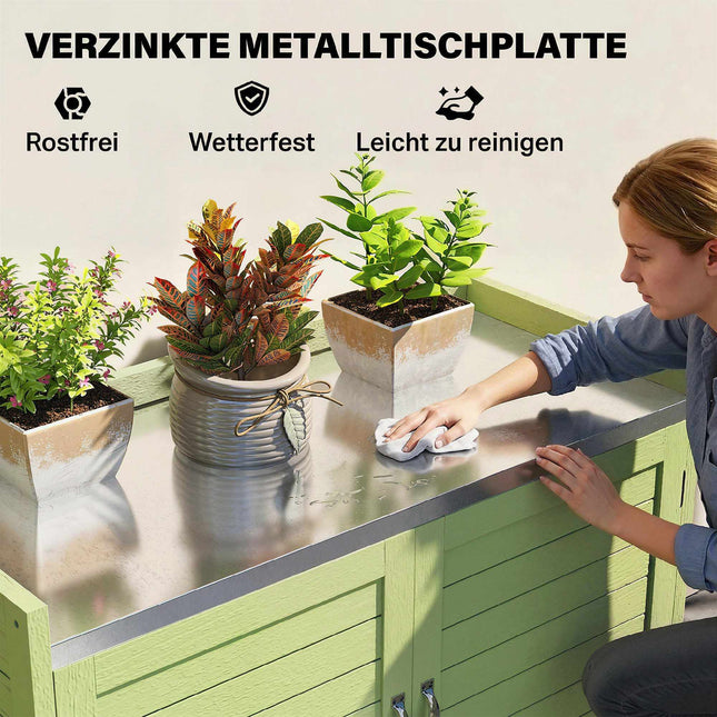 Houten plantenbank voor buiten met opbergruimte, groen, 88x40x70,5 cm