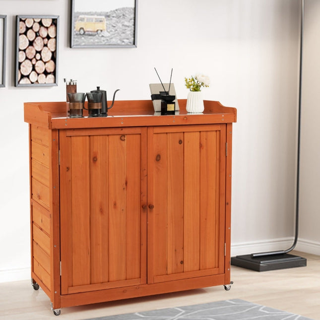 Outdoor Wooden Storage Cabinet with Wheels, Weatherproof