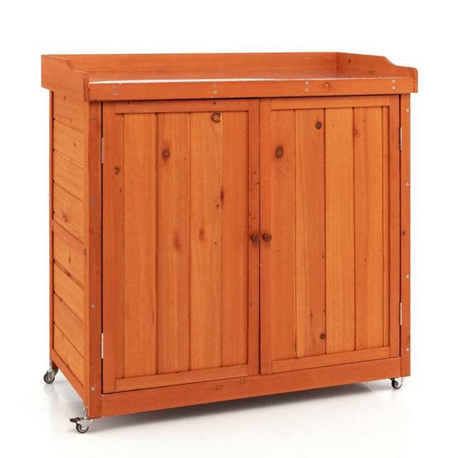 Outdoor Wooden Storage Cabinet with Wheels, Weatherproof