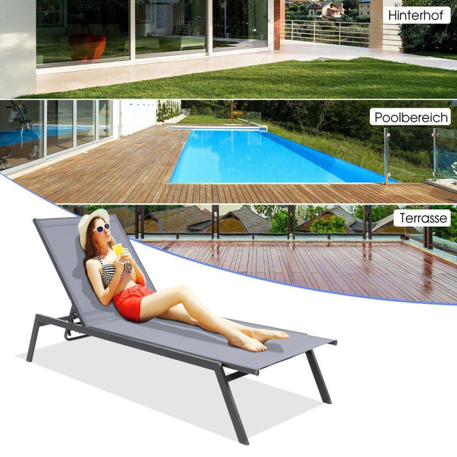 Outdoor adjustable deck chair with flat lying position and quick-drying fabric